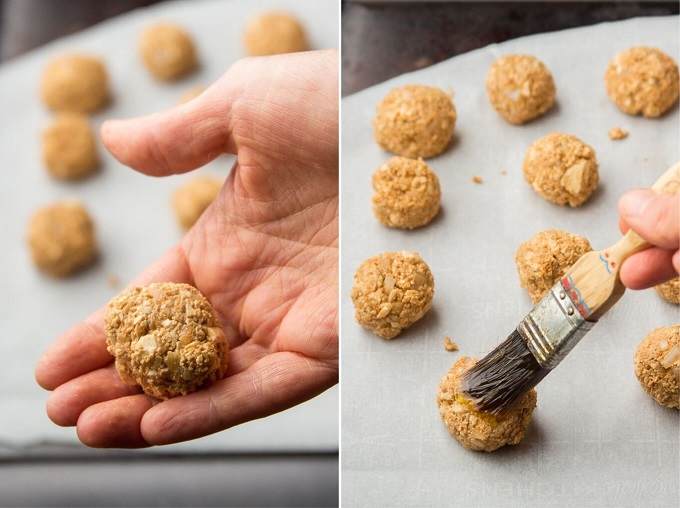 Collage Showing How to Prepare Vegan German Meatballs: Roll Balls and Brush with Oil