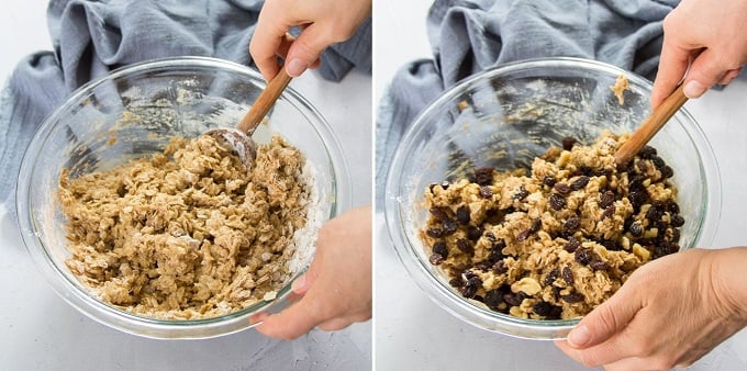 Collage Showing Steps 5 and 6 of Vegan Oatmeal Raisin Cookies: Stir in Raisins, and Stir in Walnuts