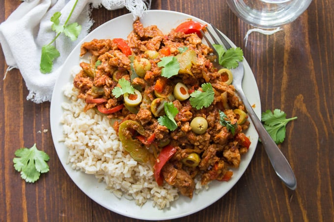 Vegan Ropa Vieja on a Plate with Rice and a Fork