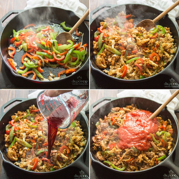 Collage Showing Steps for Cooking Vegan Ropa Vieja: Cook Peppers and Onions, Add Soy Curls, Add Wine and Add Tomatoes