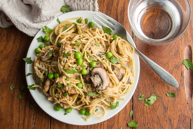 Vegan Chicken Tetrazzini on a Plate with Fork