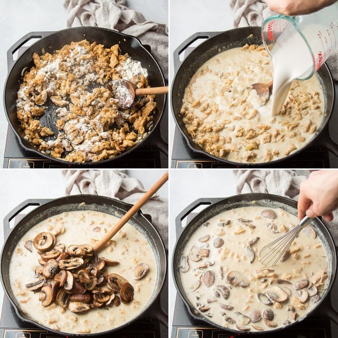 Collage Showing Steps 5-9 for Making Vegan Chicken Tetrazzini: Add Flour, Add Vegan Milk, Add Mushrooms and Simmer