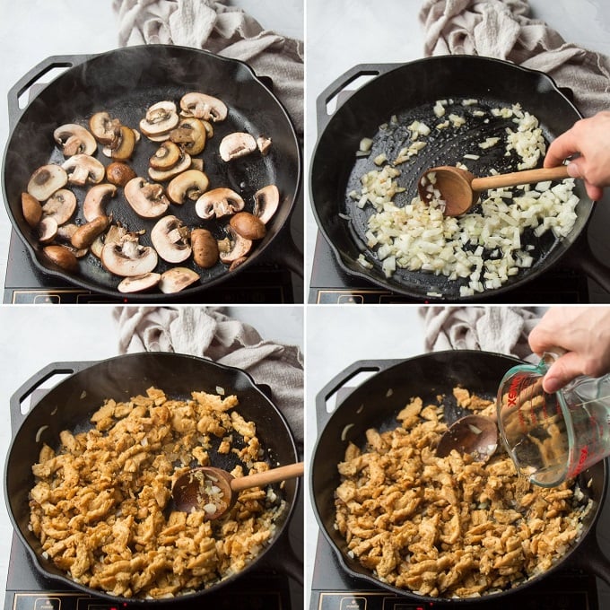 Collage Showing Steps for Making Vegan Chicken Tetrazzini: Cook Mushrooms, Cook Onions, Cook Soy Curls and Add Wine