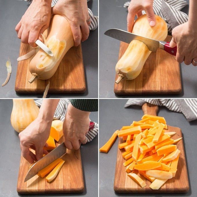 Collage Showing Steps for Cutting Butternut Squash Fries: Peel Squash, Cut in Half, then Cut Into Matchsticks