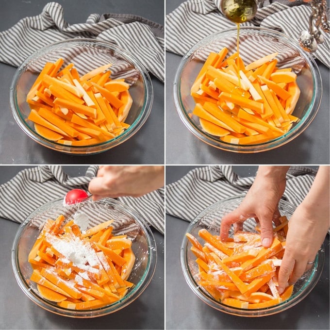 Collage Showing Steps for Making Butternut Squash Fries: Place Cut Squash in a Bowl, Add Oil and Cornstarch, and Toss to Coat