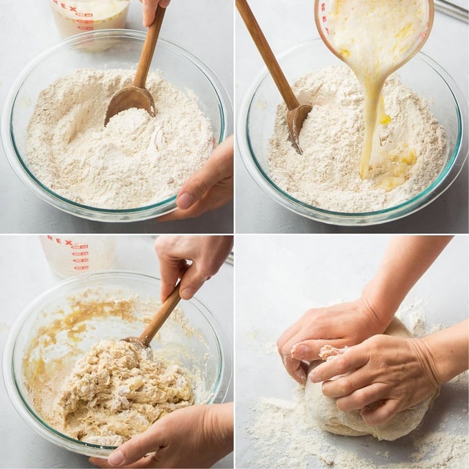 Collage Showing Steps 3-6 for Making Whole Wheat Pizza Dough: Mix Flours, Add Liquid Ingredients, Stir to Form Dough, and Knead the Dough