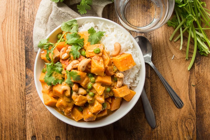 Bowl of Sweet Potato Curry with Rice and Cilantro