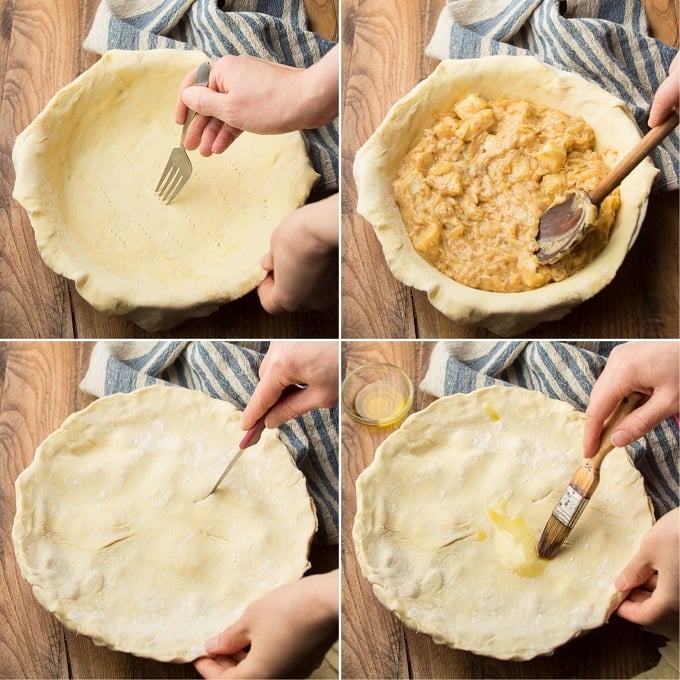 Collage Showing Steps for Assembling Vegan Cheese & Onion Pie: Arrange Pastry in Pie Dish, Fill with Filling, Cut Slits in Top Crust, and Brush it with Olive Oil