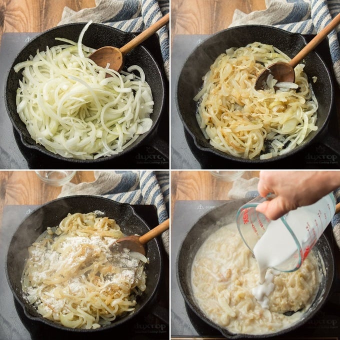 Collage Showing Steps 1-4 for Making Vegan Cheese & Onion Pie: Cook Onions Until Soft, Sprinkle in Flour, and Pour in Coconut Milk
