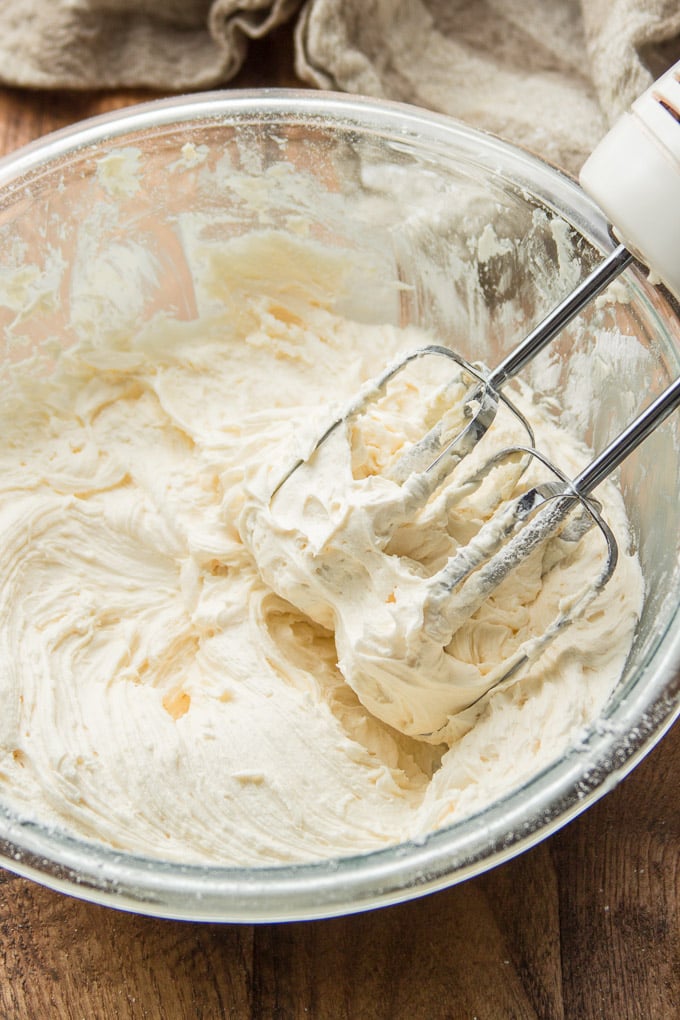 Close Up of Vegan Vanilla Buttercream Frosting in a Bowl with Beaters