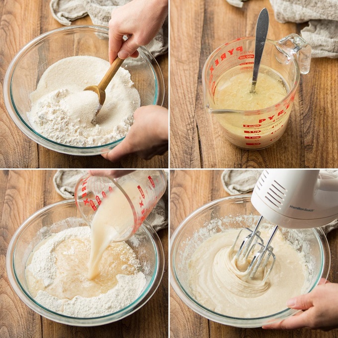 Collage Showing Steps for Making Vegan Vanilla Cupcake Batter: Mix Dry Ingredients, Mix Wet Ingredients, Combine Wet and Dry Mixtures and Beat with Electric Mixer