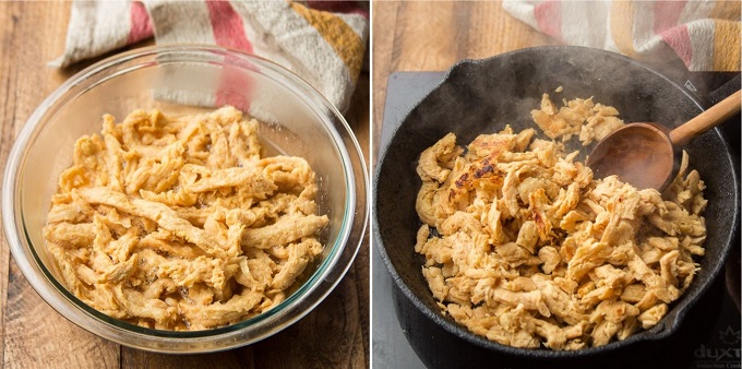 Collage Showing Steps for Preparing Soy Curls: Soak in Broth, then Brown in a Skillet