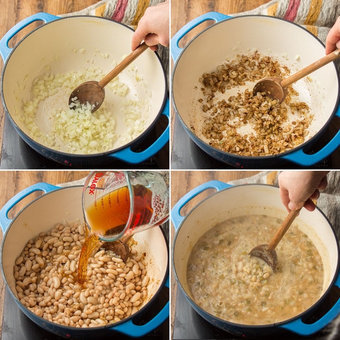 Collage Showing Steps for Making Vegan White Chili: Sweat Onion, Add Garlic and Spices, Add Beans, Beer and Coconut Milk, and Simmer