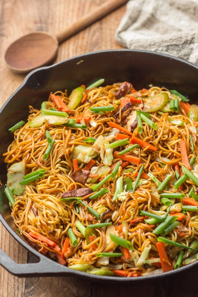 Vegetable Chow Mein in a Cast Iron Skillet
