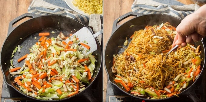 Collage Showing Steps 5 and 6 for Making Vegan Vegetable Chow Mein: Add Cabbage, and Add Noodles and Sauce