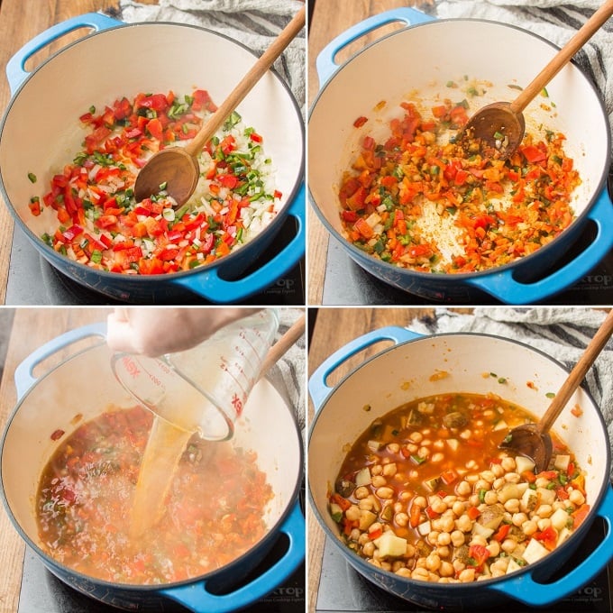 Collage Showing Steps 1-4 For Making Smoky Chickpea Stew: Sweat Onion and Peppers, Add Spices, Add Broth, Potatoes and Chickpeas, and Simmer