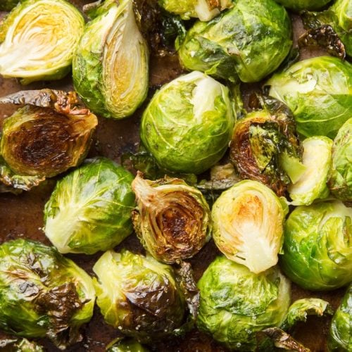 Roasted Brussels Sprouts on a Baking Sheet