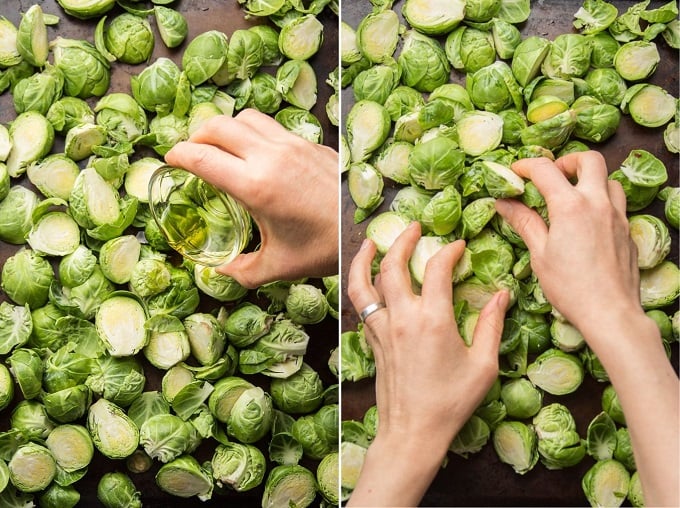 Side By Side Images Showing Brussels Sprouts on a Baking Sheet (1) Bend Drizzled with Olive Oil, and (2) Being Flipped By Hand