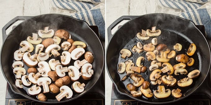 Side By Side Images Showing Mushrooms at Different Stages of Cooking