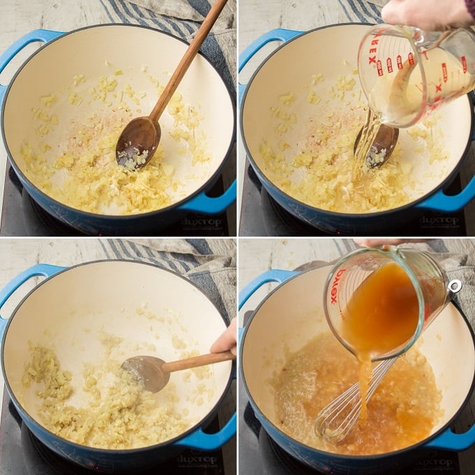 Collage Showing Steps 1-4 for Making Vegan Cream of Mushroom Soup: Sweat Onions, Add Wine, Add Flour and Add Broth