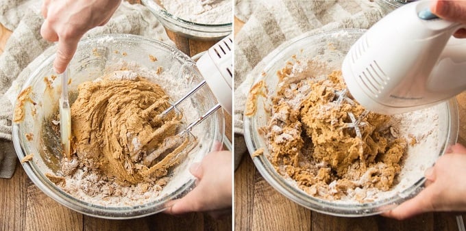 Collage Showing Steps 5 and 6 for Making Vegan Gingerbread Cookies: Add Flour and Scrape Down Sides of Bowl, and Beat Dough