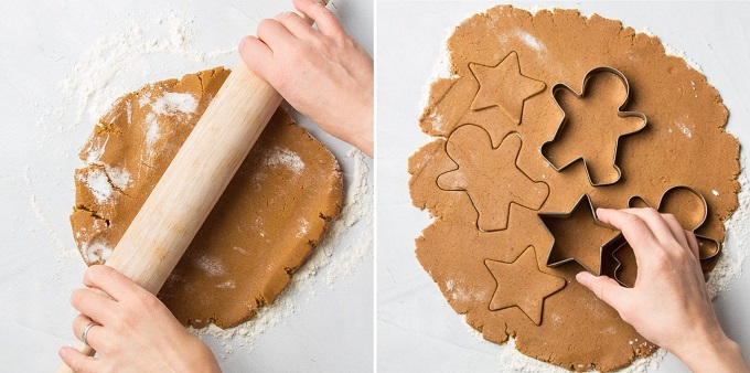 Side By Side Images Showing: Rolling Dough for Vegan Gingerbread Cookies, and Cutting Vegan Gingerbread Cookies with Cookie Cutters
