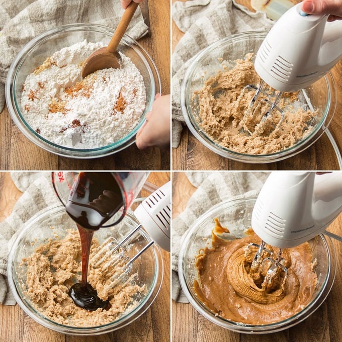 Collage Showing Steps 1-4 for Making Vegan Gingerbread Cookies: Mix Dry Ingredients, Beat Butter and Sugar, Add Molasses, and Beat
