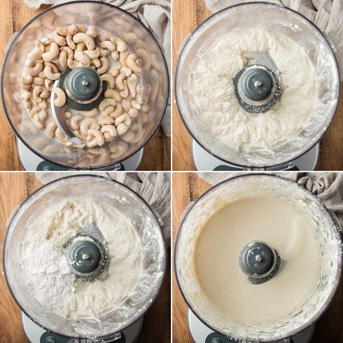 Collage Showing Four Stages of Blending Vegan Mozzarella Cheese in a Food Processor