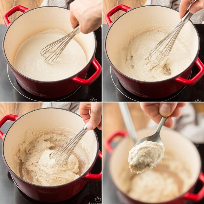 Collage Showing Four Stages of Cooking Vegan Mozzarella Cheese
