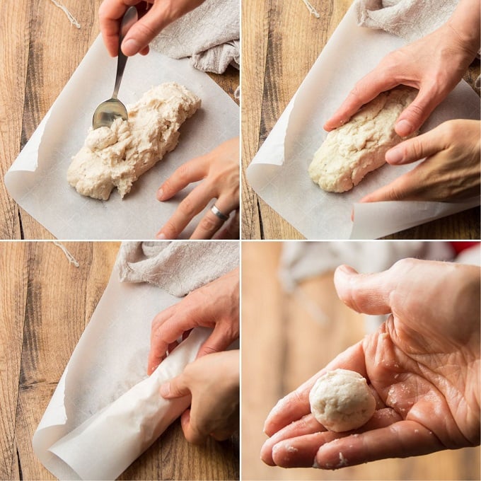 Collage Showing Steps for Forming a Vegan Mozzarella Cheese: Spoon Mixture onto Parchment Paper, Shape into Log, and Roll OR Roll into Balls