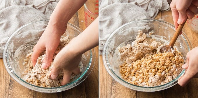 Collage Showing Steps 5 and 6 for Making Vegan Scones: Mix Dough with Hands and Fold in Walnuts