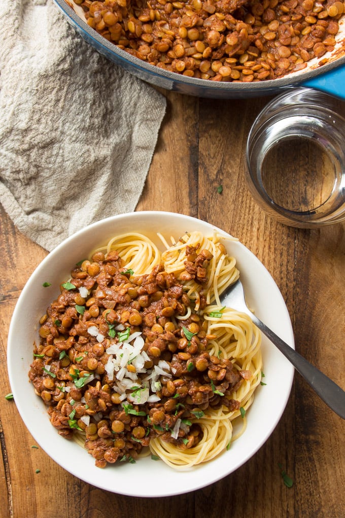 Bowl Vegan Cincinnati Chili with a Cluster of Spaghetti Wrapped Around a Fork