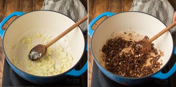 Collage Showing Steps 1 and 2 of Making Vegan Cincinnati Chili: Cook Onion, and Add Spices
