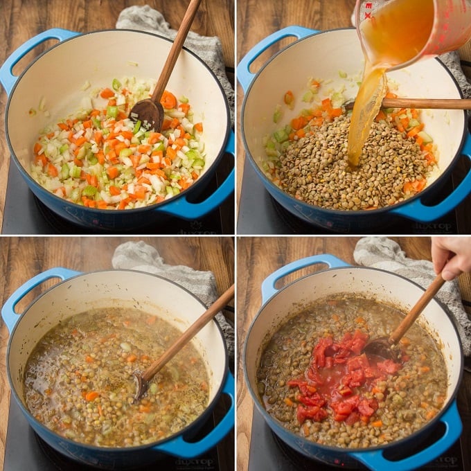 Collage Showing Steps for Making Lentil Soup: Sweat Veggies, Add Broth and Lentils, Simmer and Add Tomatoes