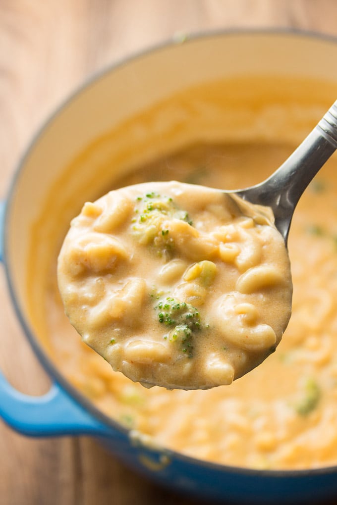 Close Up of a Ladle Filled with Vegan Mac & Cheese Soup