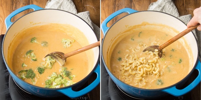 Collage Showing Steps 5 and 6 for Making Vegan Mac & Cheese Soup: Add Broccoli and Add Pasta