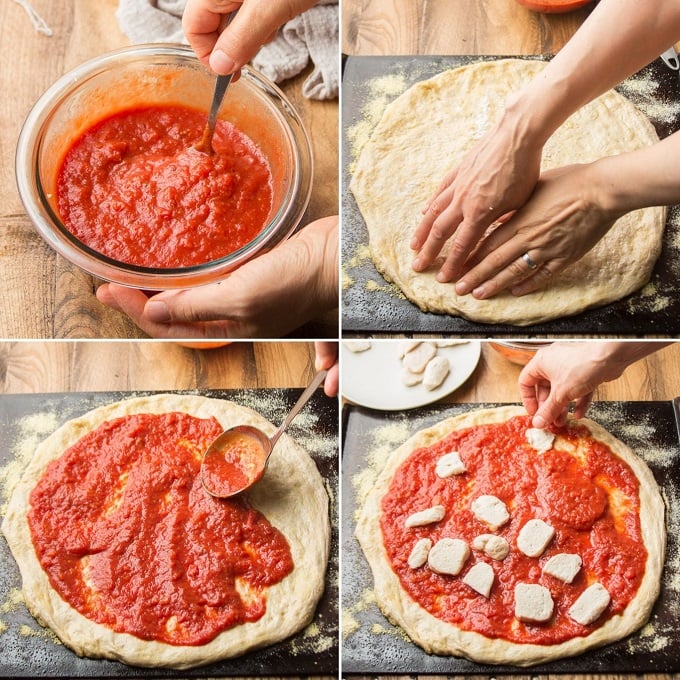 Collage Showing Steps for Making Vegan Margherita Pizza: Mix Sauce, Roll Dough in a Circle, Spread Sauce on Dough, and Arrange Vegan Mozzarella on Top