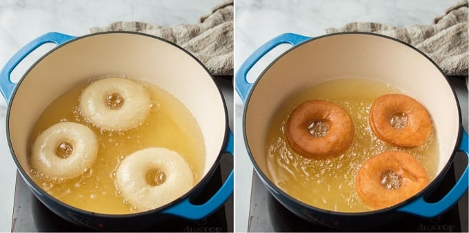 Side By Side Images Showing Two Stages of Frying Vegan Doughnuts