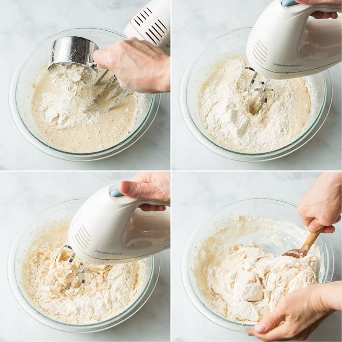 Collage Showing Four Stages of Mixing Vegan Doughnut Dough