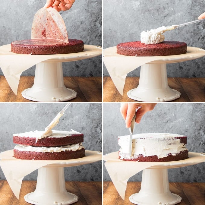 Collage Showing Four Stages of Frosting and Filling a Vegan Red Velvet Cake