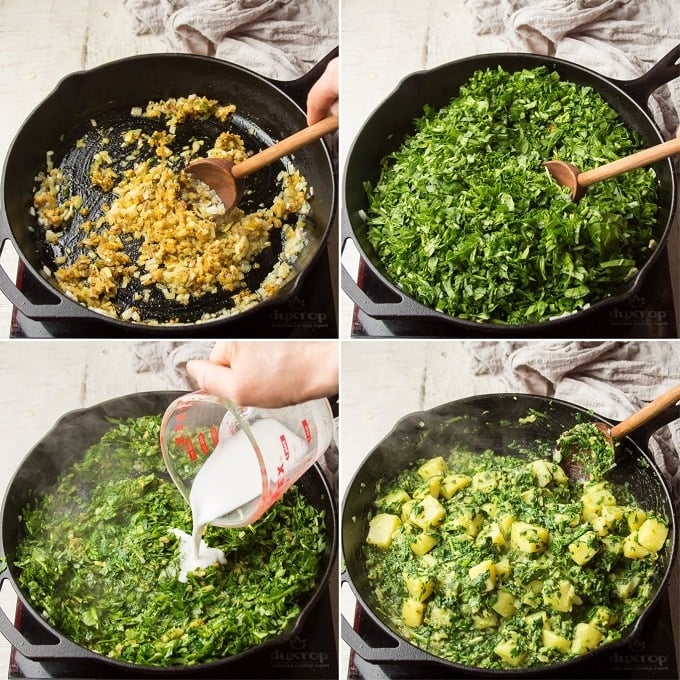 Collage Showing Steps 3-6 for Making Aloo Palak: Add Spices, Add Spinach, Add Coconut Milk, and Add Potato