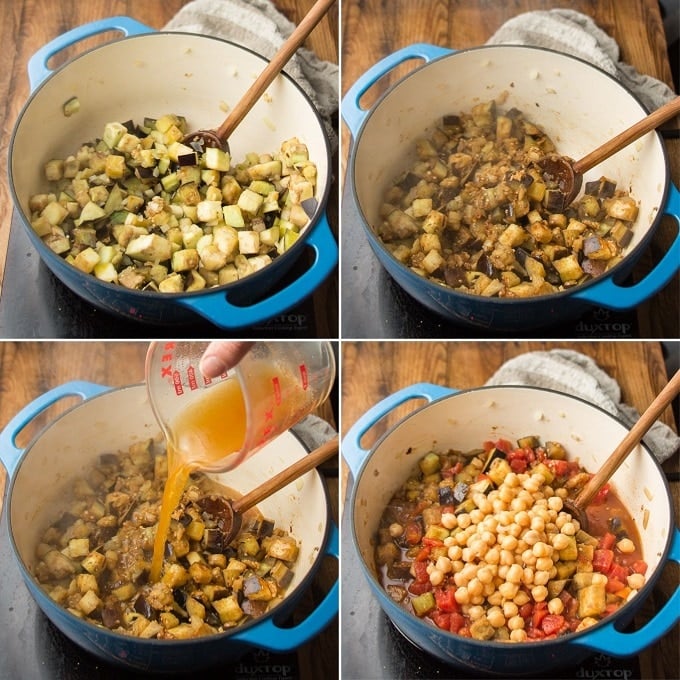 Collage Showing Steps 1-4 for Making Eggplant Stew: Cook Eggplant and Onion, Add Spices, Add Broth, and Add Tomatoes and Chickpeas