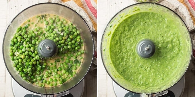Side By Side Images Showing Fresh Pea Soup in a Food Processor Before and After Blending