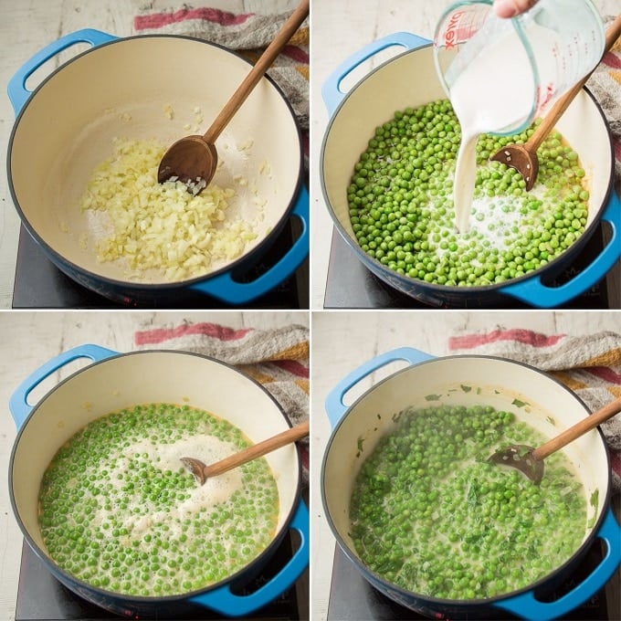 Collage Showing Steps for Cooking Fresh Pea Soup: Sweat Onions, Add Broth and Coconut Milk, Simmer, and Add Herbs