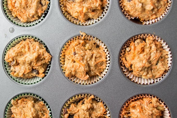Vegan Carrot Muffins Batter in Muffin Tins