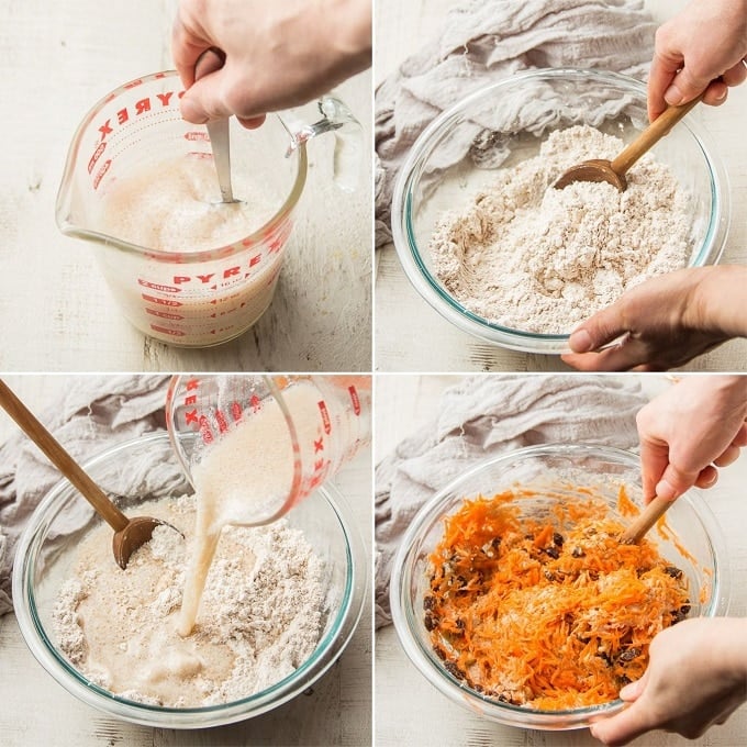 Collage Showing Steps for Making Vegan Carrot Muffins: Mix Wet Ingredients, Mix Dry Ingredients, Add Wet To Dry, and Fold in Carrots, Raisins and Nuts