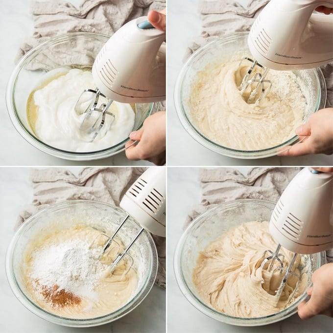 Collage Showing Steps for Making Vegan Coffee Cake Batter: Mix Wet Ingredients, Begin Adding Flour, Sprinkle Cinnamon and Leavening Agents on Flour, and Beat Ingredients Together