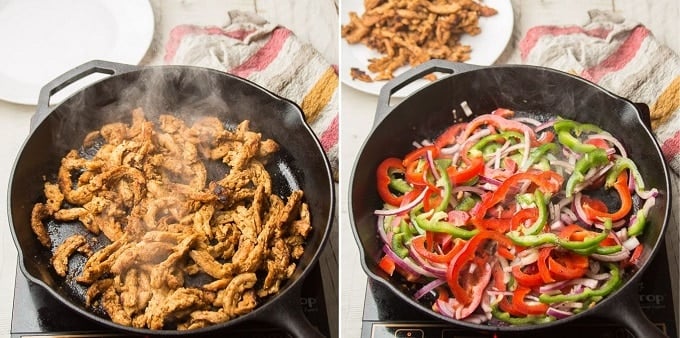 Collage Showing Two Steps for Making Vegan Fajitas: Cook Soy Curls, and Cook Veggies