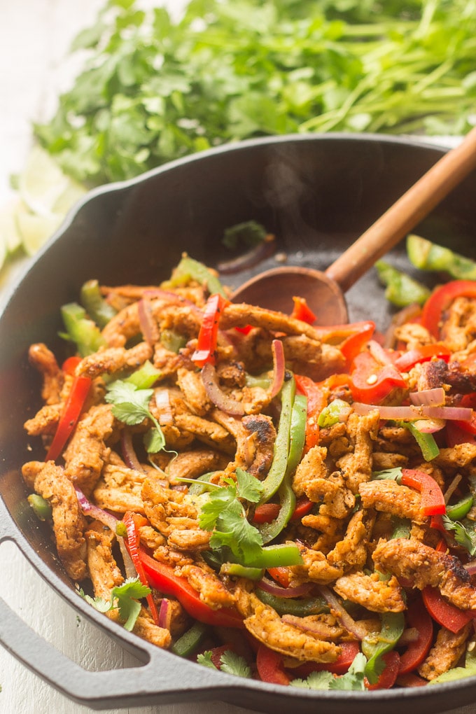 Close Up of Vegan Fajita Filling in a Skillet with Serving Spoon