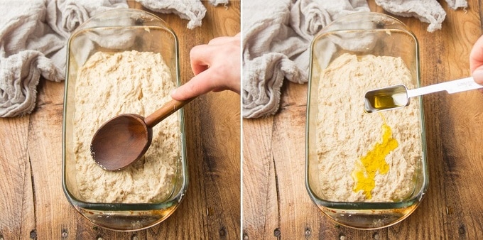 Side By Side Images Showing: Beer Bread Batter Being Spooned into a Loaf Pan, and Olive Oil Being Drizzled Over the Batter